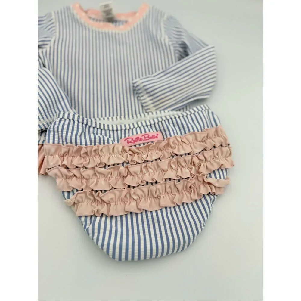 RuffleButts Toddler Girls Periwinkle Seersucker Long Sleeve Rash Guard Bikini Si